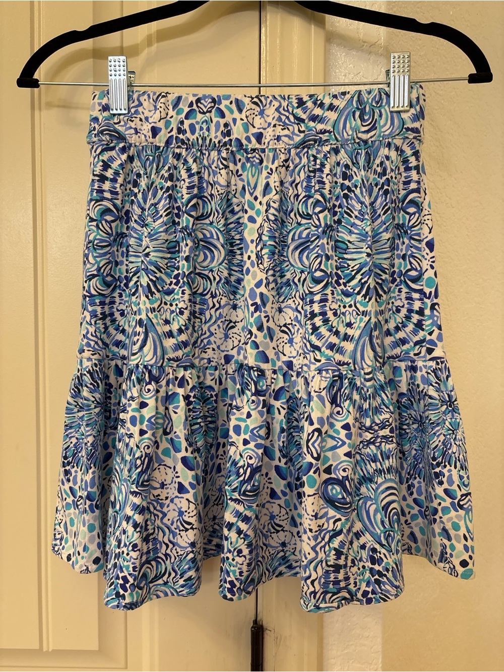 Lilly Pulitzer Jacey Skirt XXS Call My Shell Phone Blue White Tiered Ruffle - Picture 2 of 5
